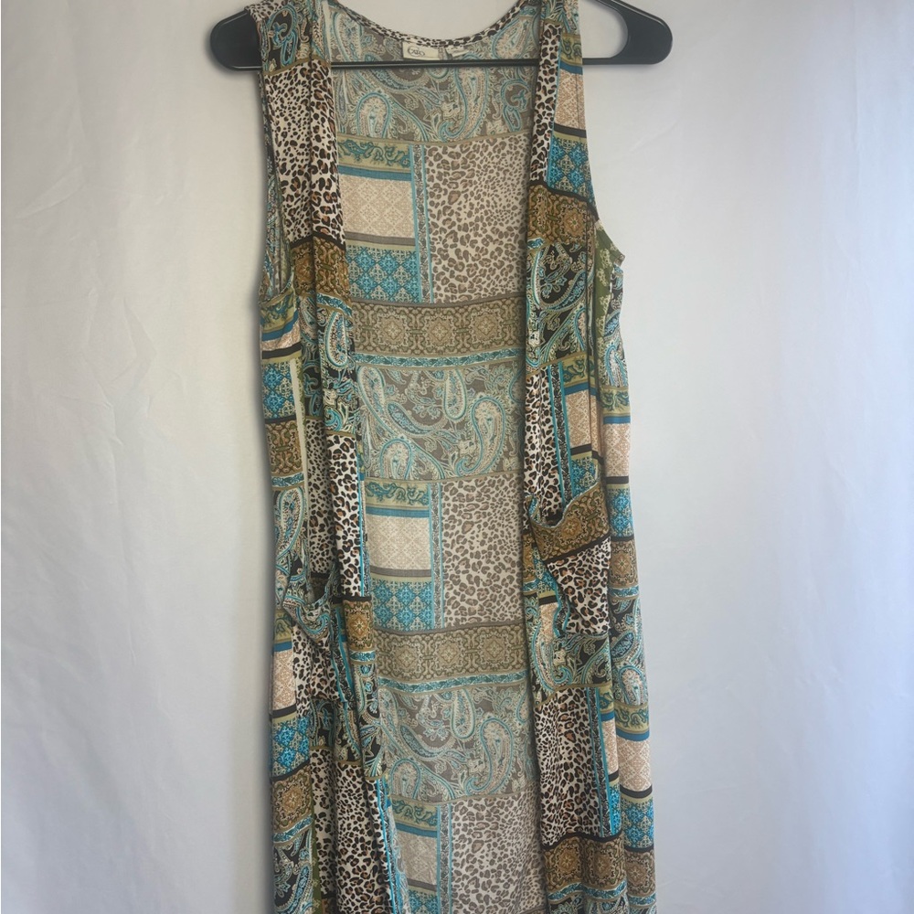Cato brand 
long sleeveless open-front cardigan 
or duster vest